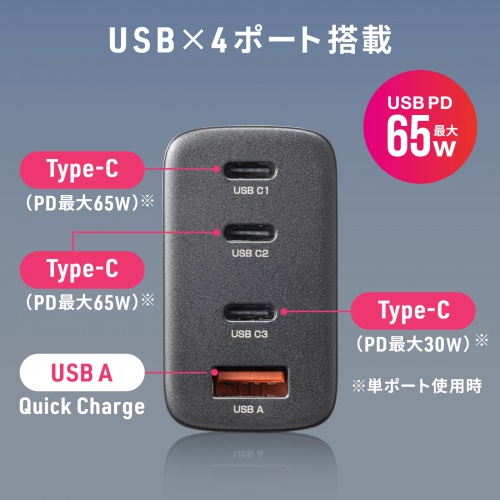 ACA-PD107BK / USB PD対応AC充電器（PD65W・C×3＋A×1）
